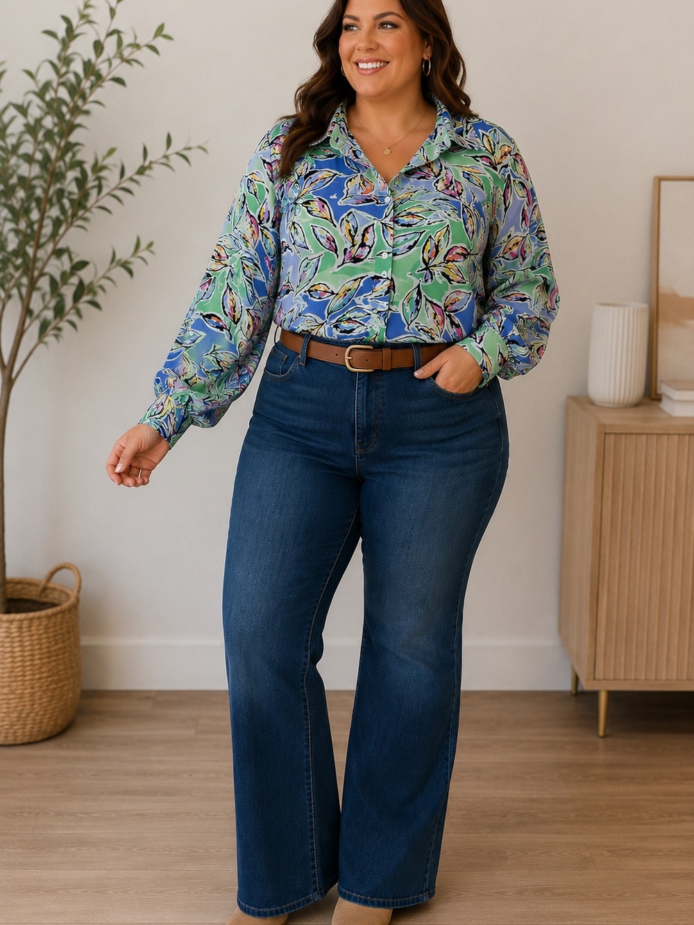 Plus-Size GeeGee Floral Button-Front Blouse in Blue & Green